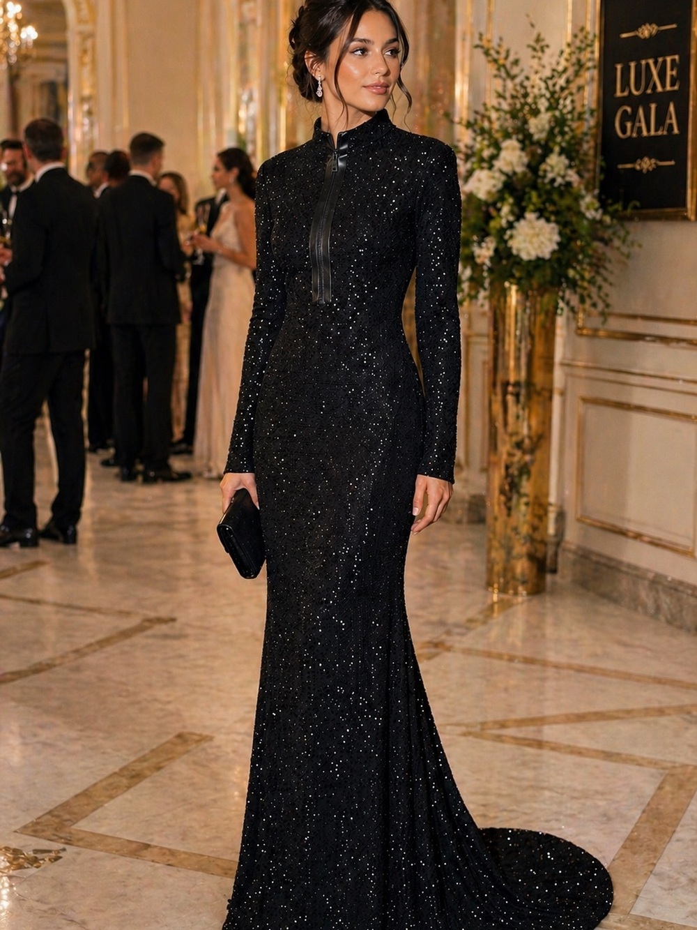 Ralph Lauren Purple Label Black Sequin Long-Sleeve Hooded Gown - Picture 5 of 6